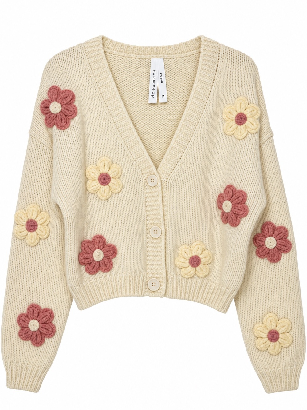 Dreamers Cream Pink Floral Flowers V-Neck Cardigan Sweater Medium NWT